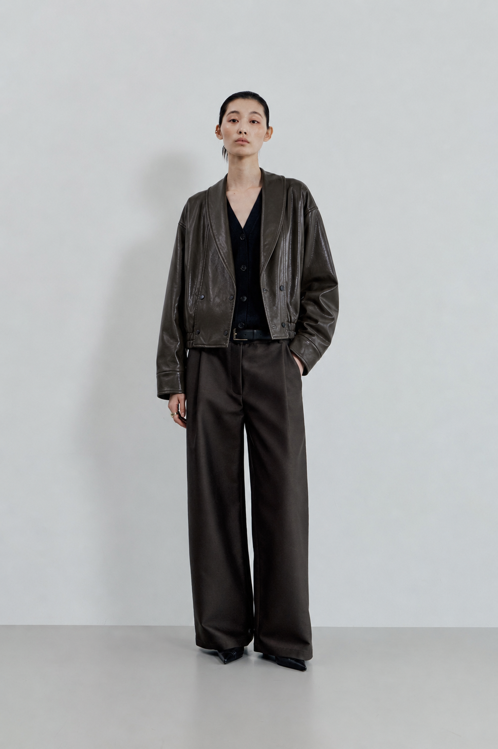 DELLA SHAWL COLLAR LEATHER SHORT JUMPER